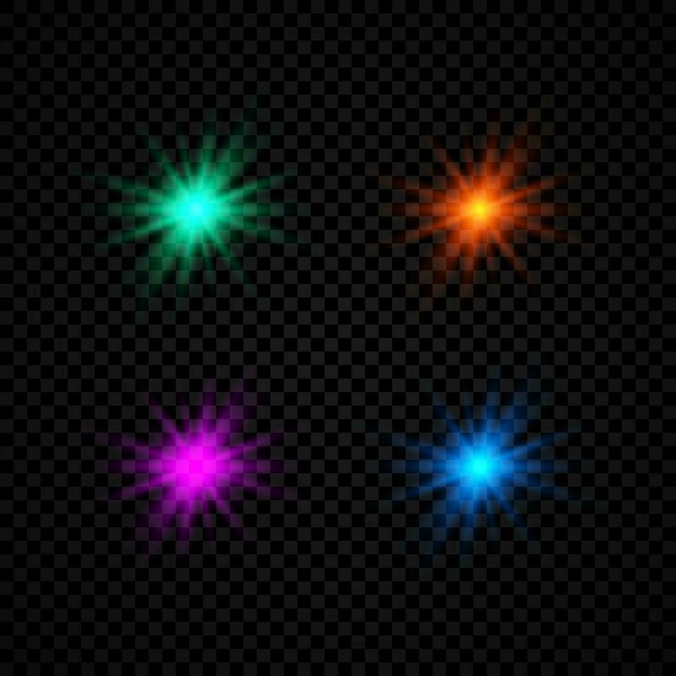Light effect of lens flares. Set of four green, orange, purple and blue glowing lights starburst effects with sparkles on a dark background. Vector illustration