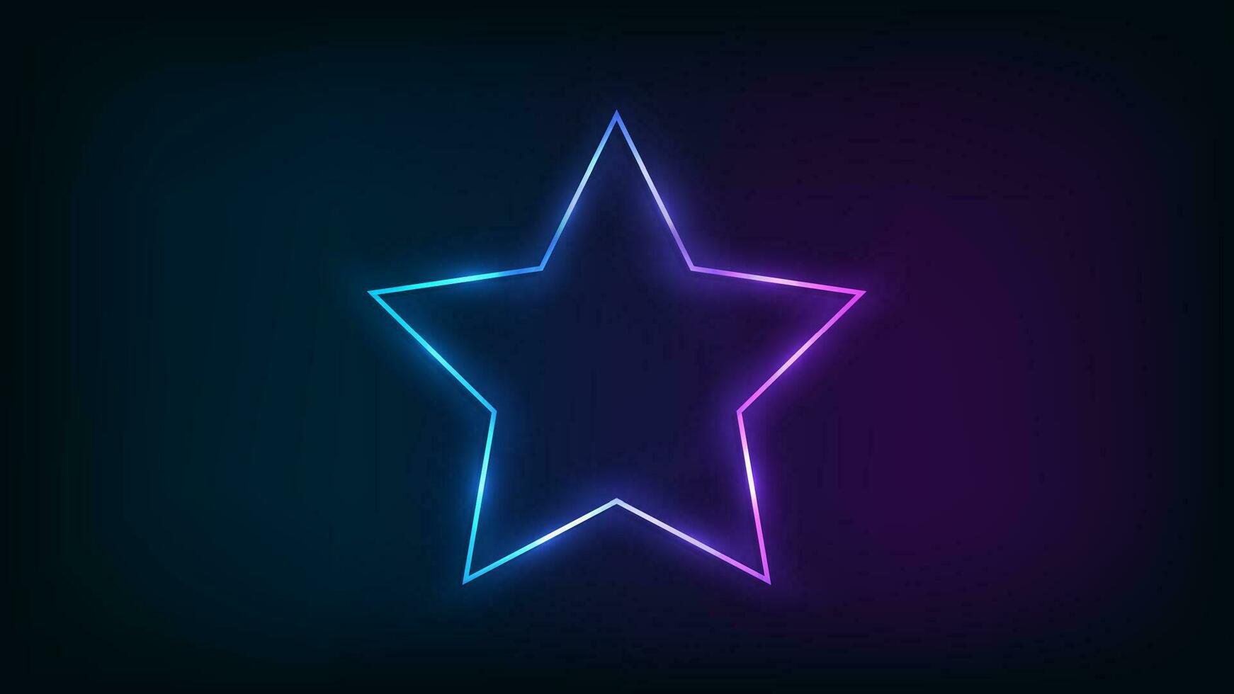 Neon frame in star form with shining effects on dark background. Empty glowing techno backdrop. Vector illustration.