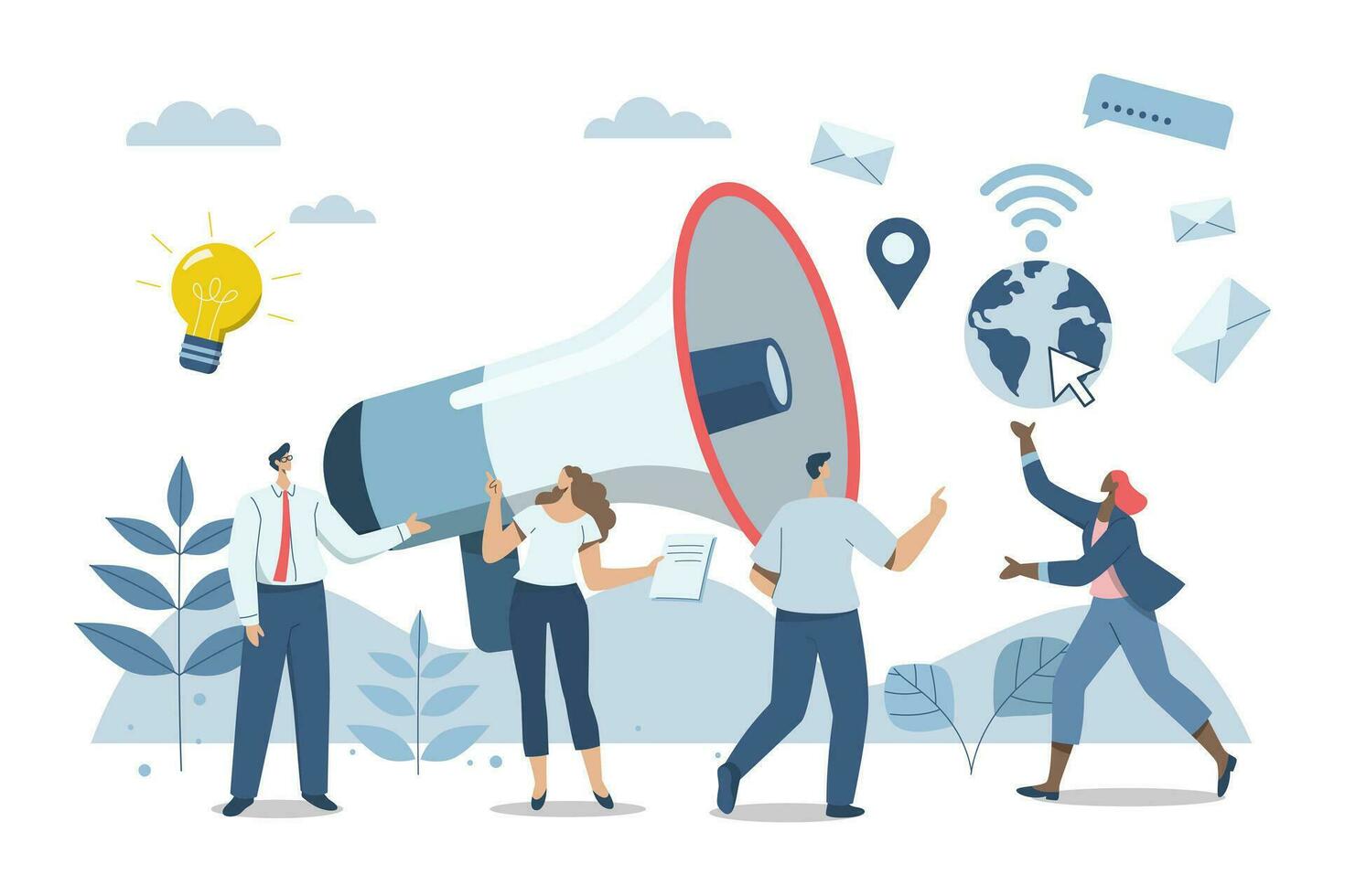 Promoting communication with customers, Sending important messages, Marketing activities with social media campaigns, Business marketing media. Advertising teams, or announcements with a megaphone. vector