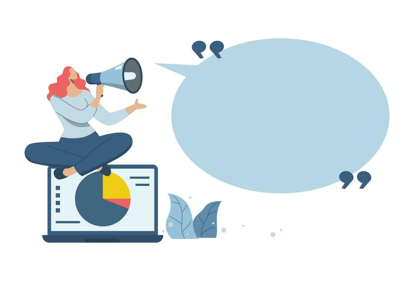 Important announcements, advertisements from company to make organization or important target groups aware. Empty space for text or talking business concept. Business woman using megaphone to speech. vector