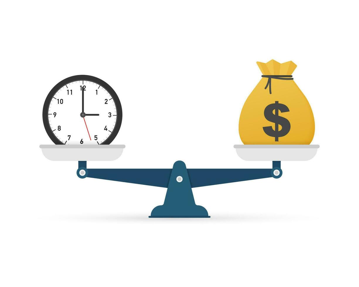 Time is money on scales icon. Money and time balance on scale. Vector illustration.