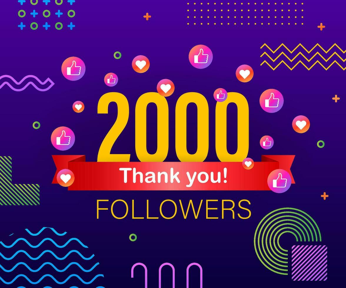 Thank you 2000 followers numbers. Congratulating multicolored thanks image for net friends likes vector