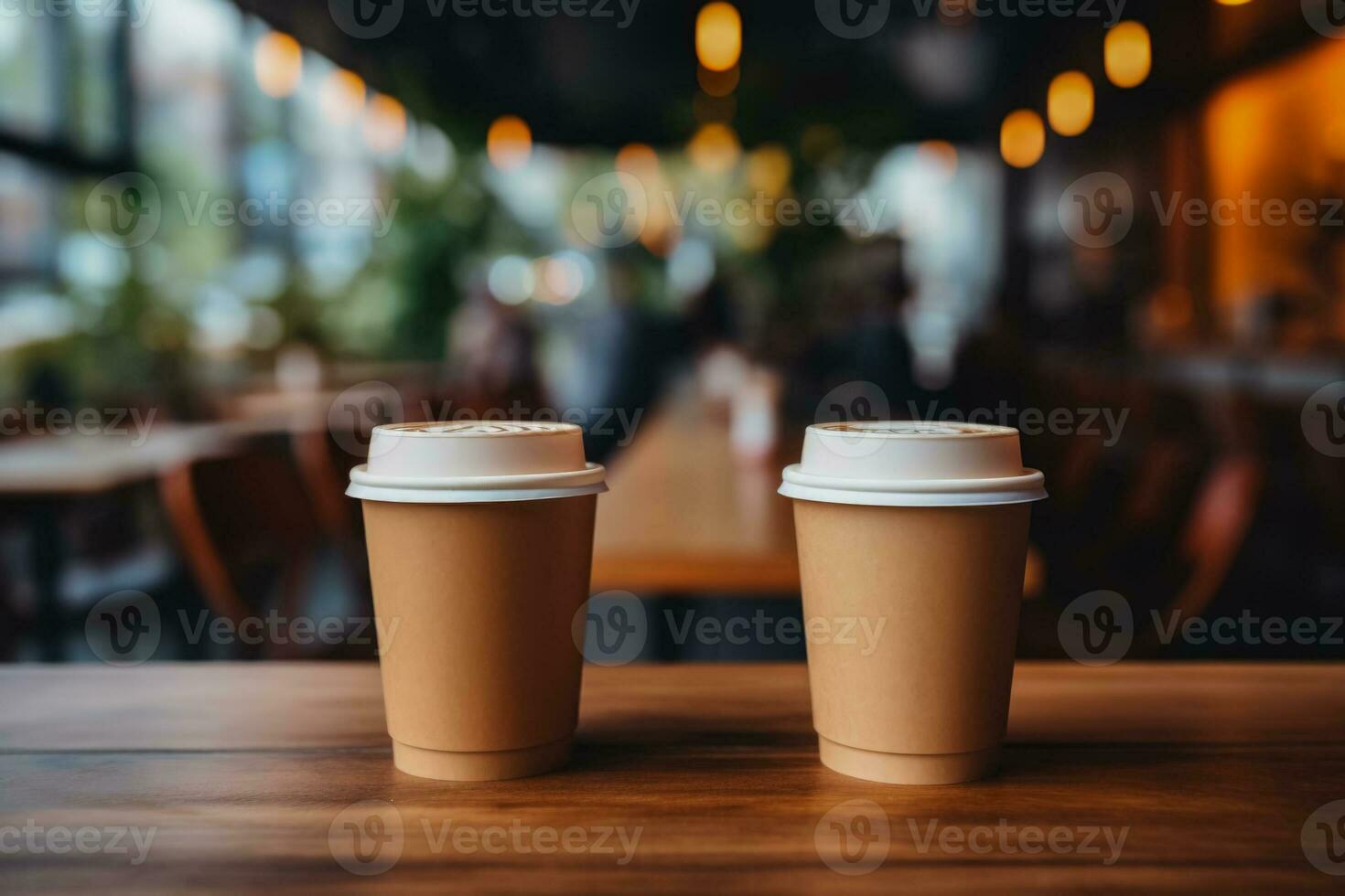 Freelancers at co working space with takeaway coffee cups background with empty space for text photo
