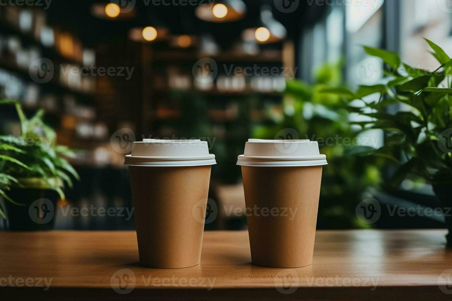 Freelancers at co working space with takeaway coffee cups background with empty space for text photo