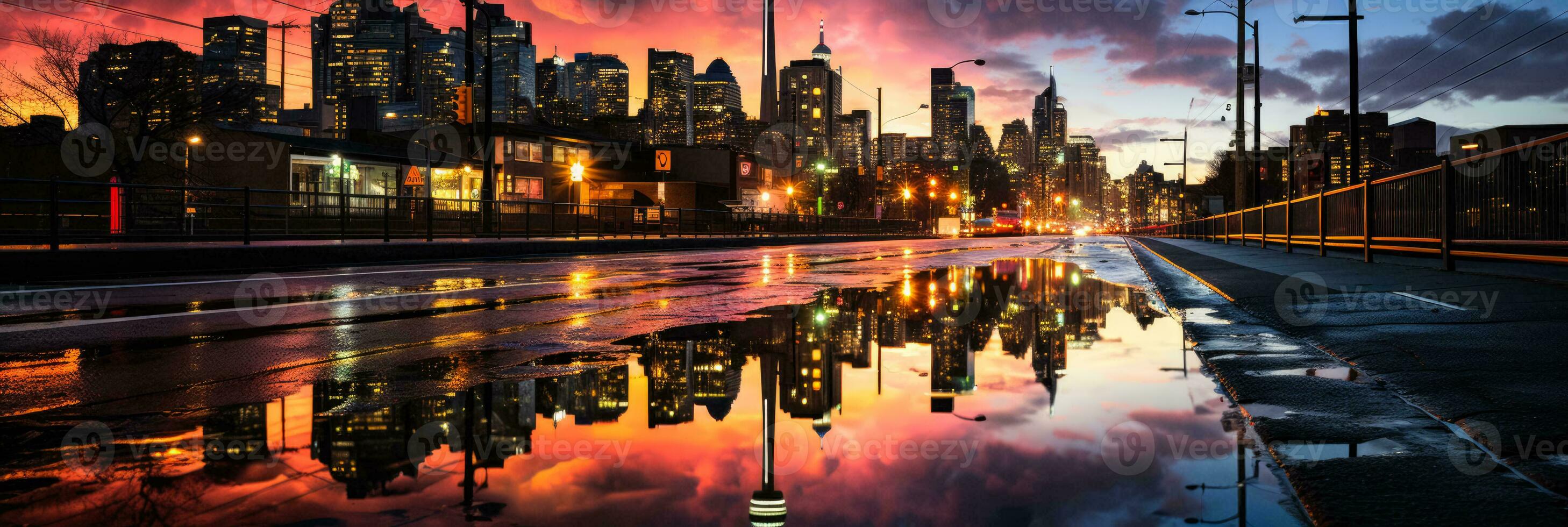 Cityscape mirrored in puddle displaying vibrant hues after a stormy rain photo