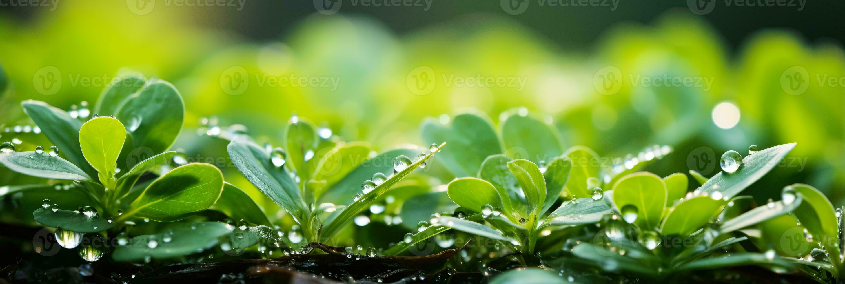 Macro perspective of morning dew jewelling fresh green blades of grass photo