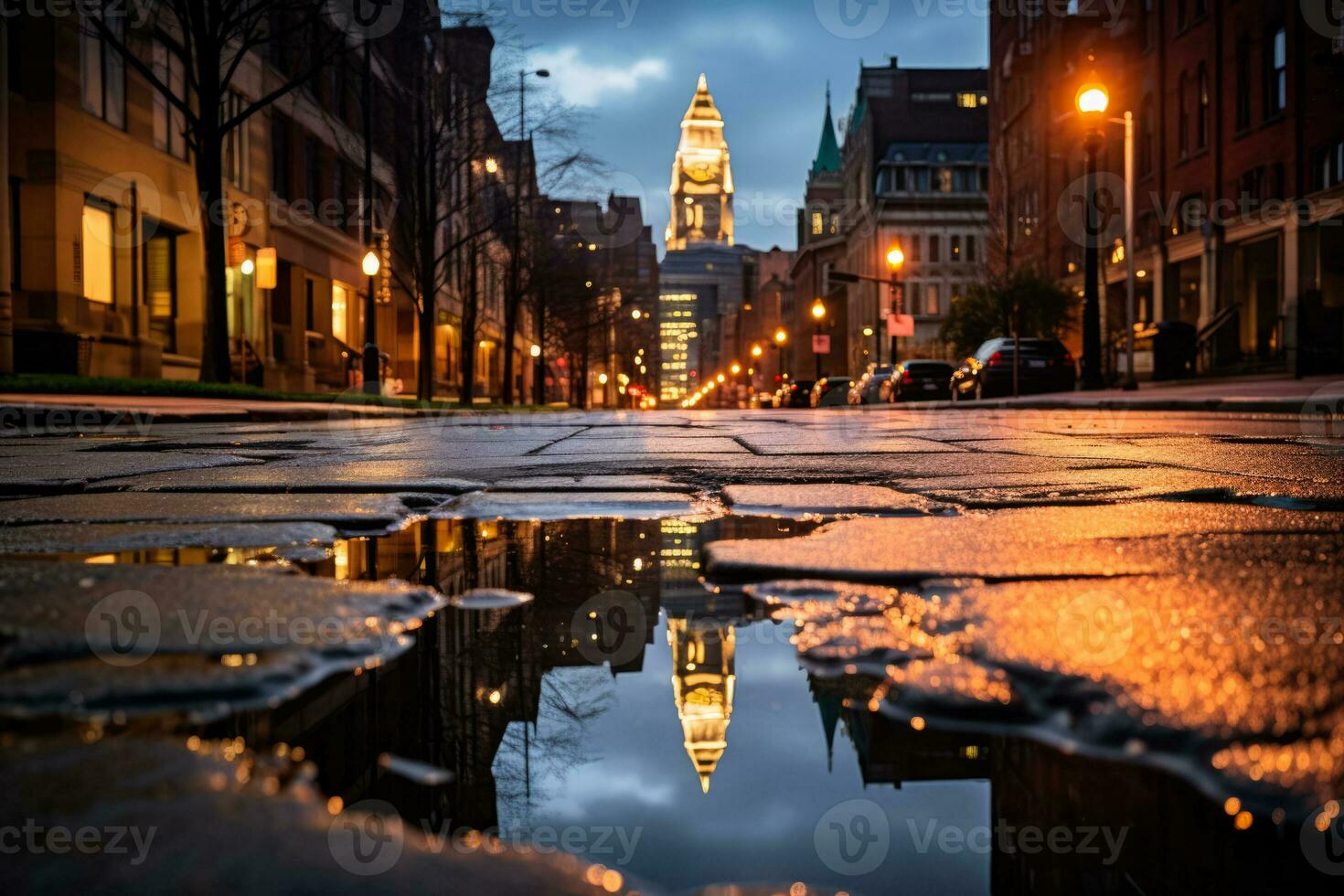 Cityscape mirrored in puddle displaying vibrant hues after a stormy rain photo