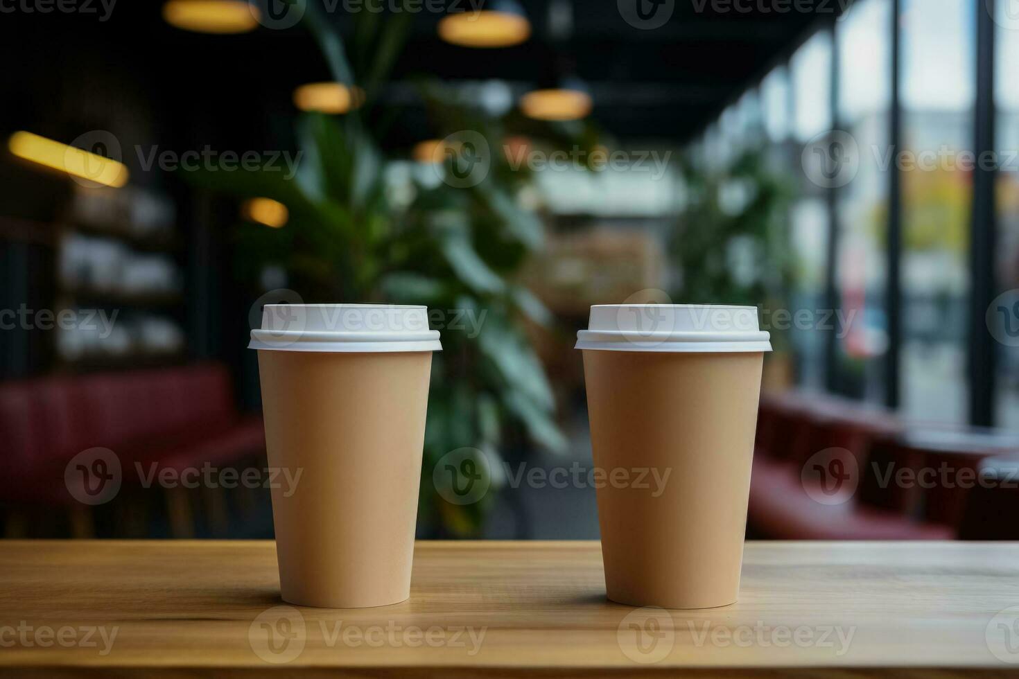 Freelancers at co working space with takeaway coffee cups background with empty space for text photo