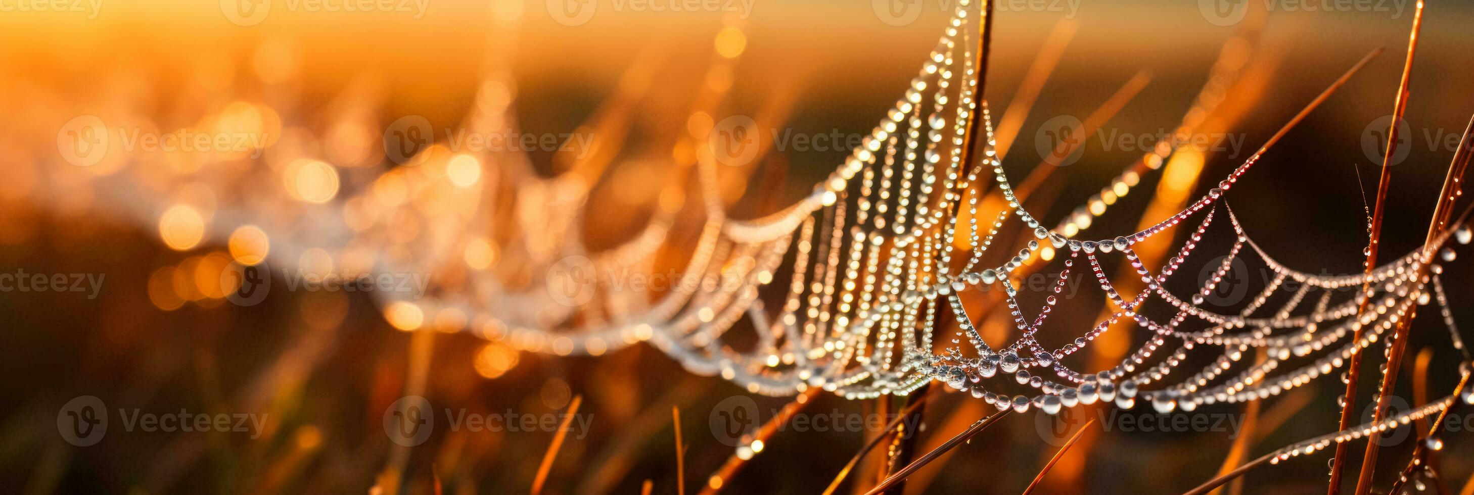Dew kissed spider webs shimmering like diamonds in the morning sun photo