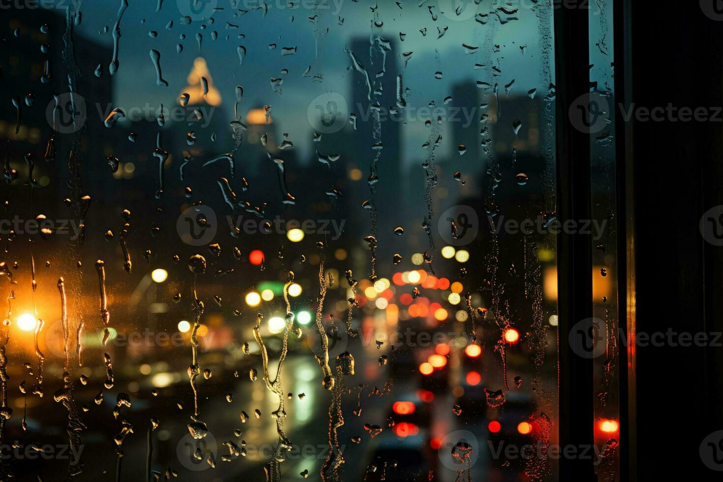 crepúsculo paisaje urbano vislumbrado mediante lluvia moteado ventana un cerca arriba estudiar en tranquilidad foto