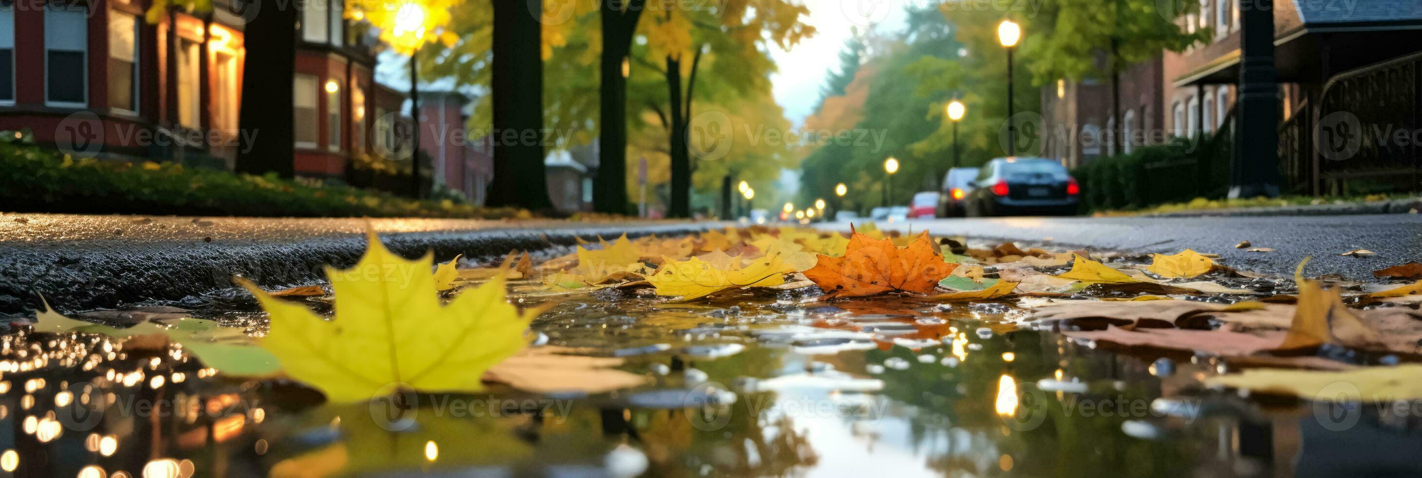 Leafy urban street reflecting an overcast sky in glistening puddles post rainstorm photo