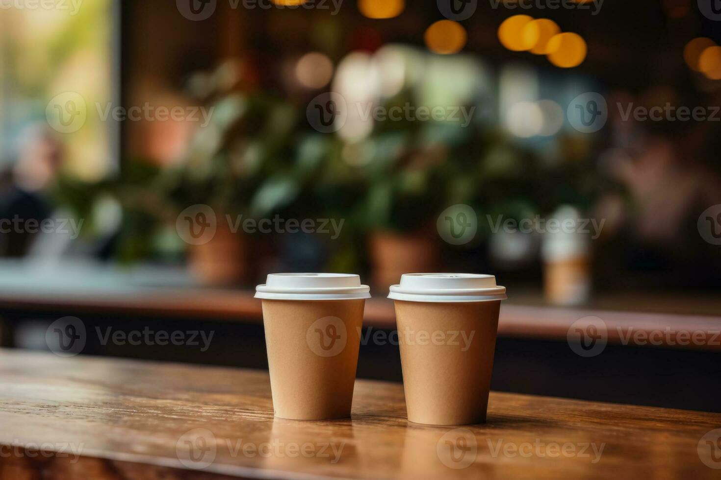 Freelancers at co working space with takeaway coffee cups background with empty space for text photo