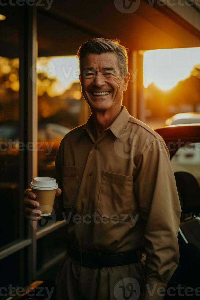 Driver at sunset rejuvenating with a swift drive thru coffee service photo