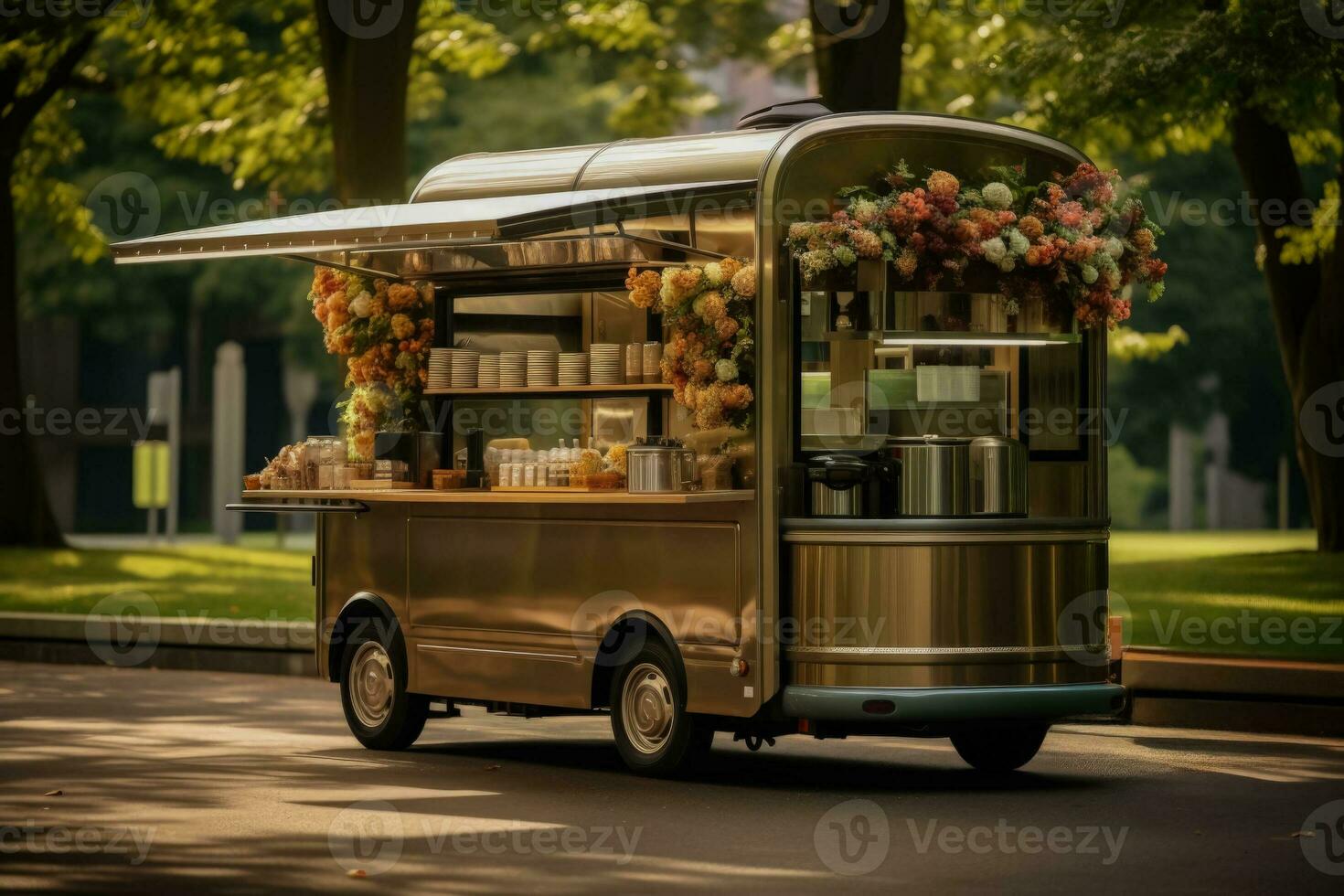 Stylish coffee cart in the city park background with empty space for text photo