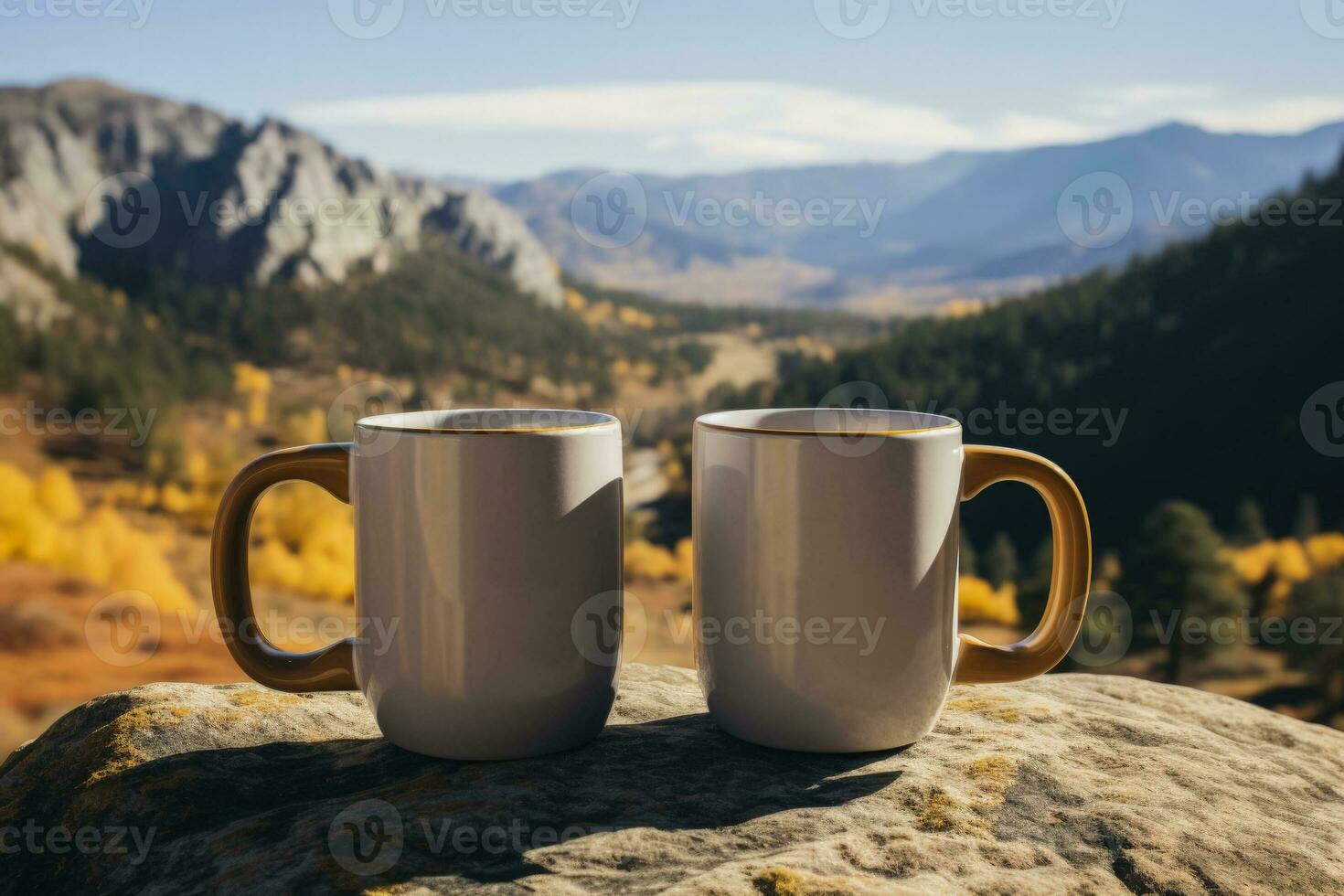 Adventurous backpackers trekking scenic trails portable coffee mugs their faithful companions photo