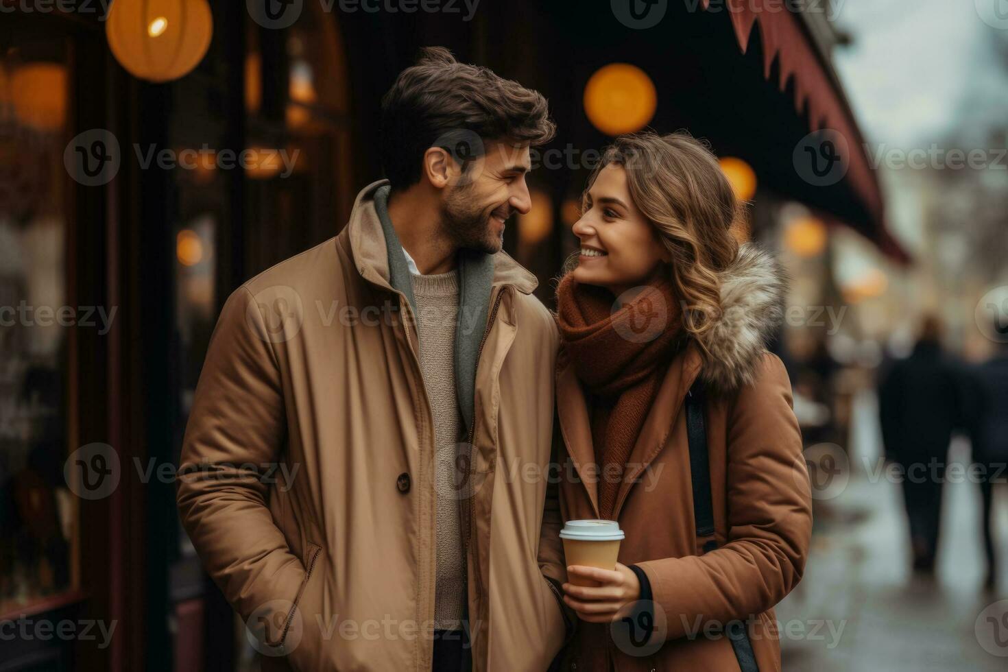 Pareja compartiendo un romántico caminar cada agarrando humeante para llevar café tazas foto