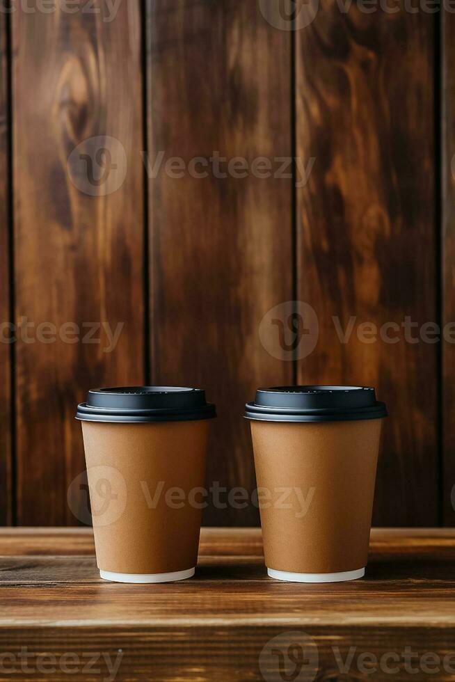 Reusable coffee cups on a rustic wooden table background with empty space for text photo