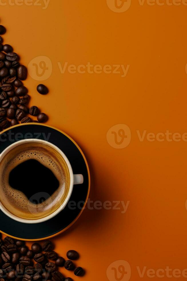 Creative flat lay of coffee accessories and cups background with empty space for text photo