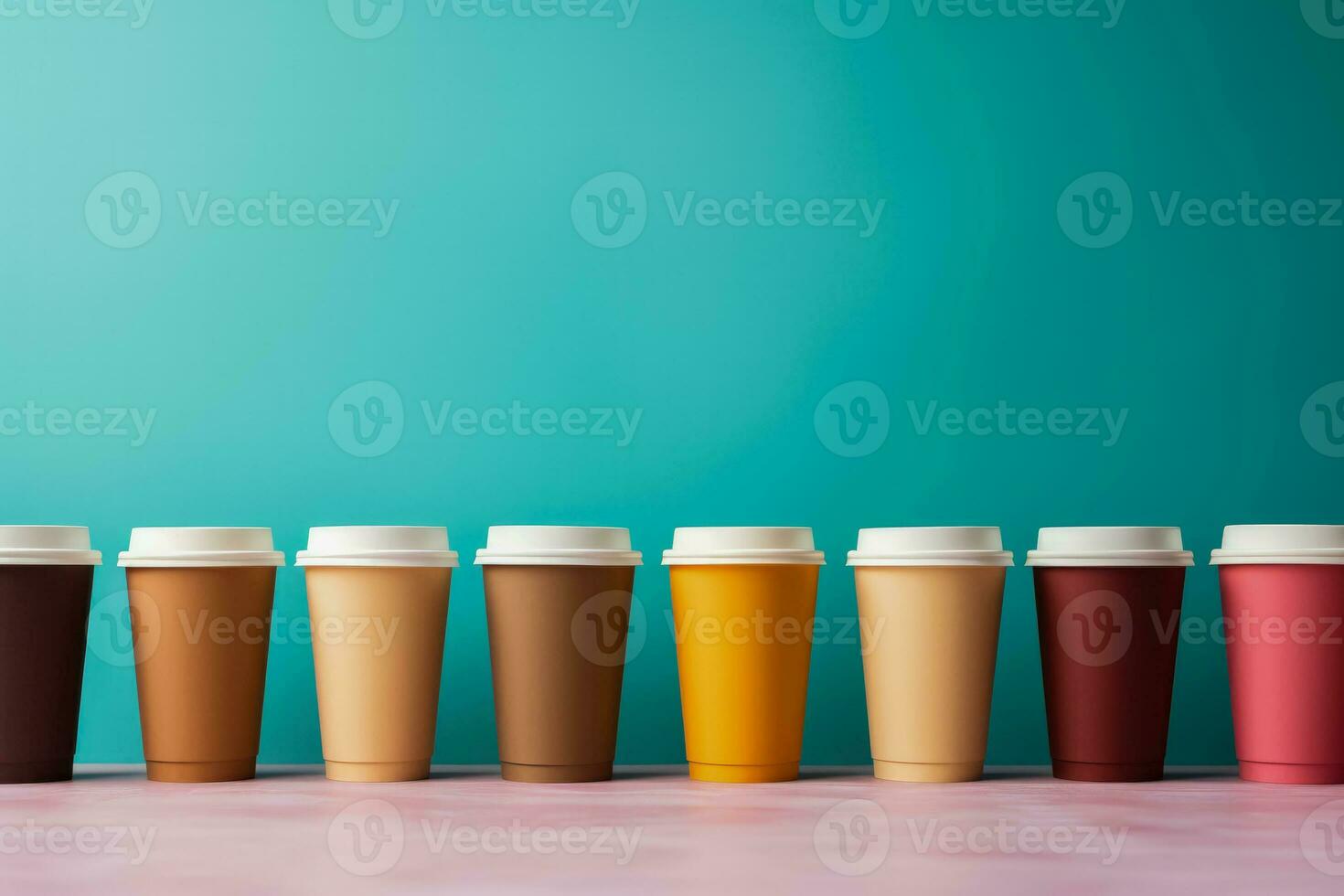 Artistic paper coffee cups lined up background with empty space for text photo