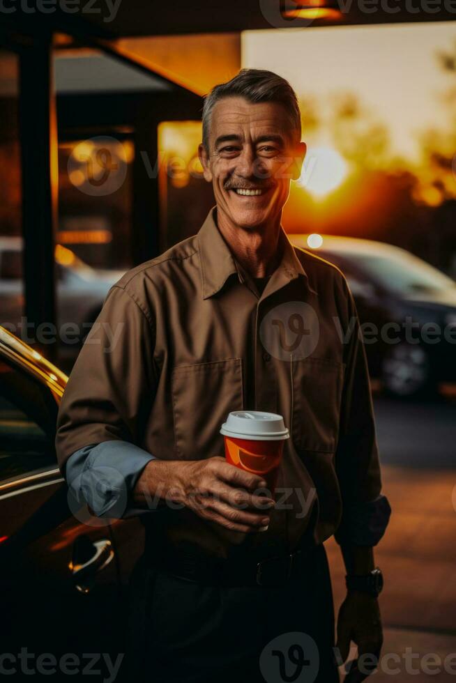Driver at sunset rejuvenating with a swift drive thru coffee service photo