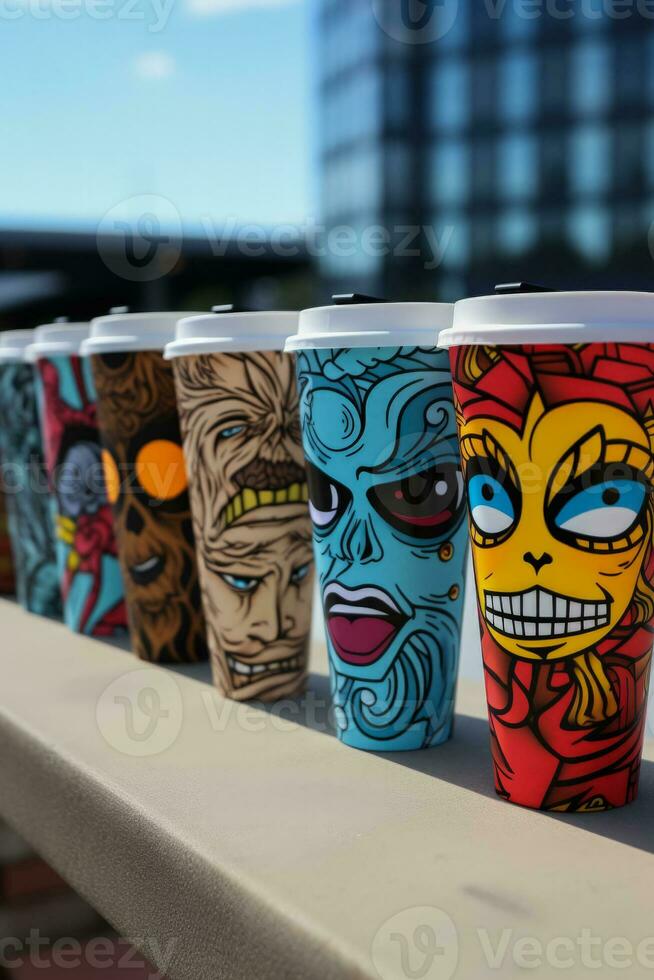 Chic paper coffee cups boasting artful designs showcasing quirky pop culture photo