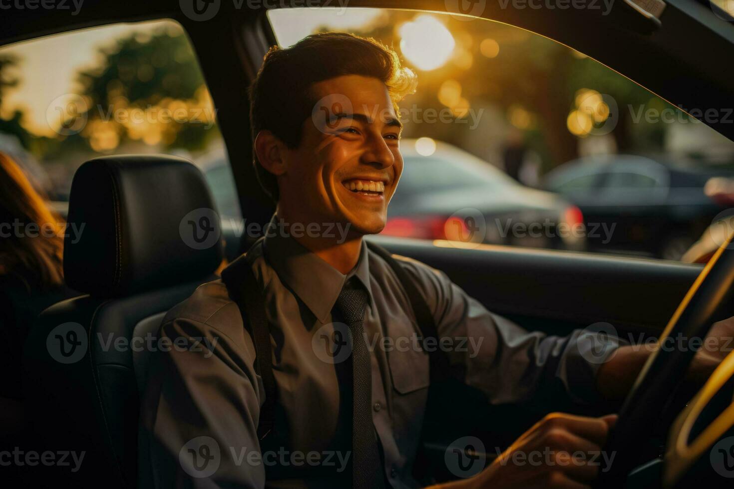 conductor a puesta de sol rejuvenecedor con un rápido conducir a través de café Servicio foto