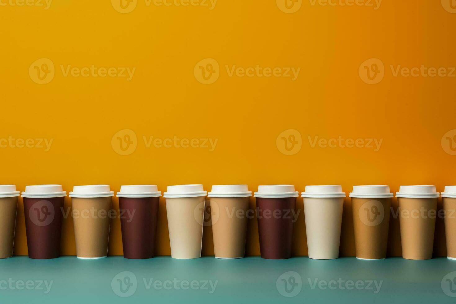 Artistic paper coffee cups lined up background with empty space for text photo