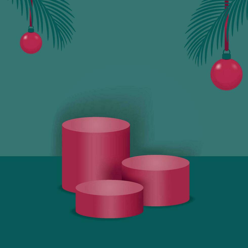 Christmas red podiums on a green background with spruce branches and red Christmas balls. vector