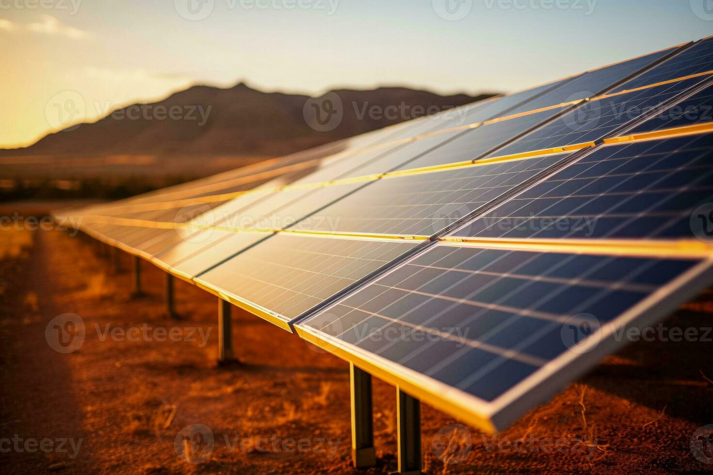 Solar panels array in sunlit desert background with empty space for text photo
