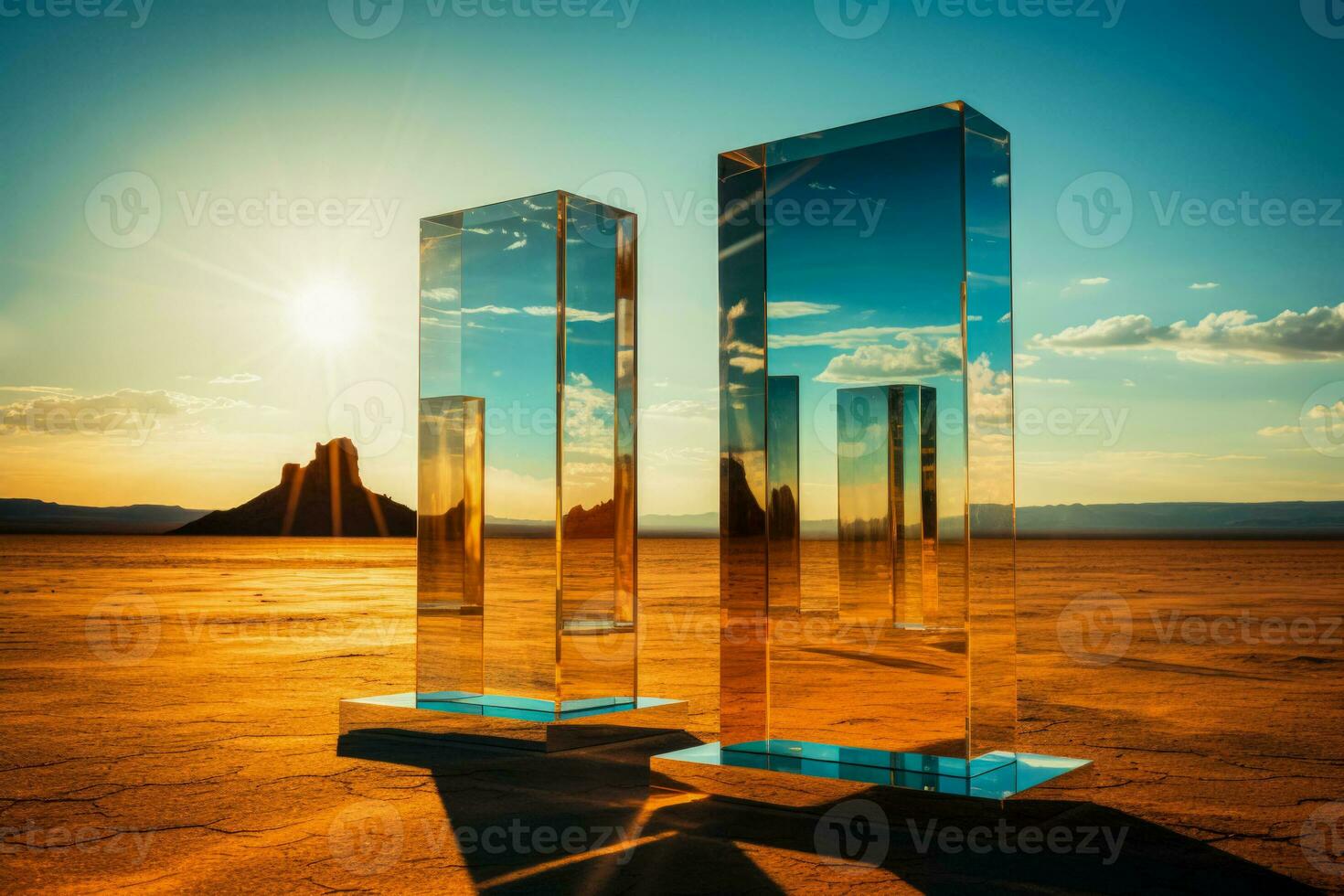 CSP plant mirrors gleaming under desert sun background with empty space for text photo