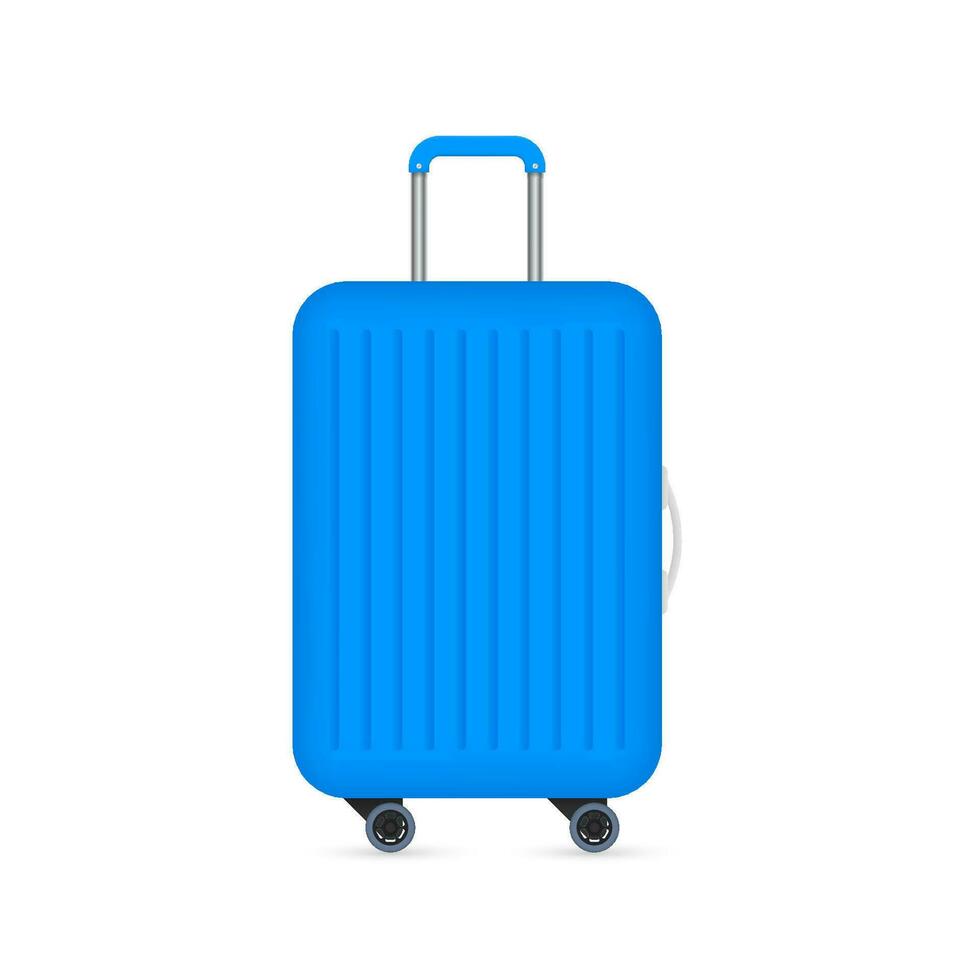 Blue travel plastic suitcase with wheels realistic on white background. Vector stock illustration.