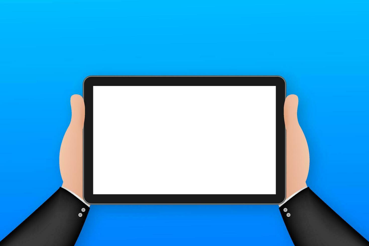Hand on tablet in cartoon style. Using digital tablet pc. Vector stock illustration