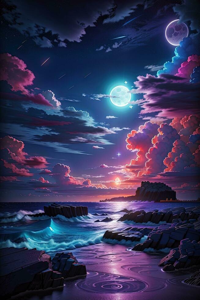 Fantasy seascape. Night sky with clouds and moon. 3d rendering. AI Generated. photo