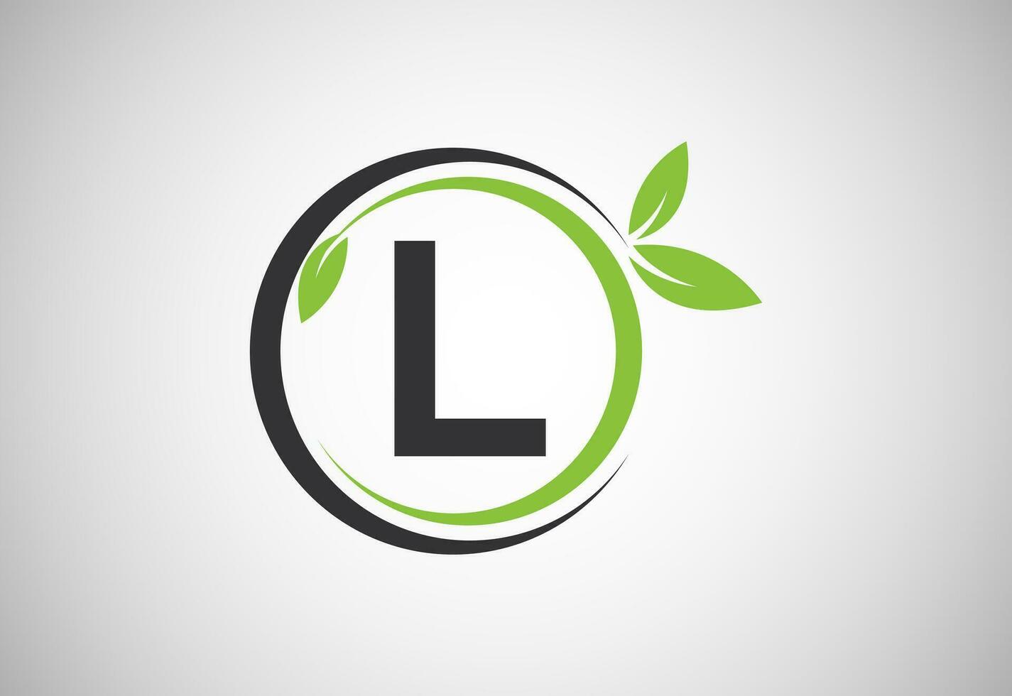 English alphabet L with green leaves. Organic, eco-friendly logo design vector template
