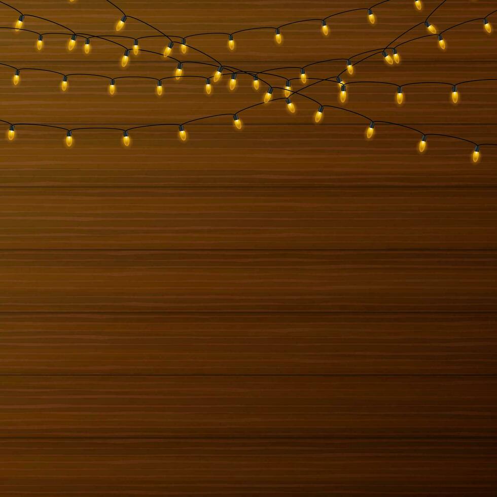 Realistic lantern garland on wood background. Vector stock illustration.