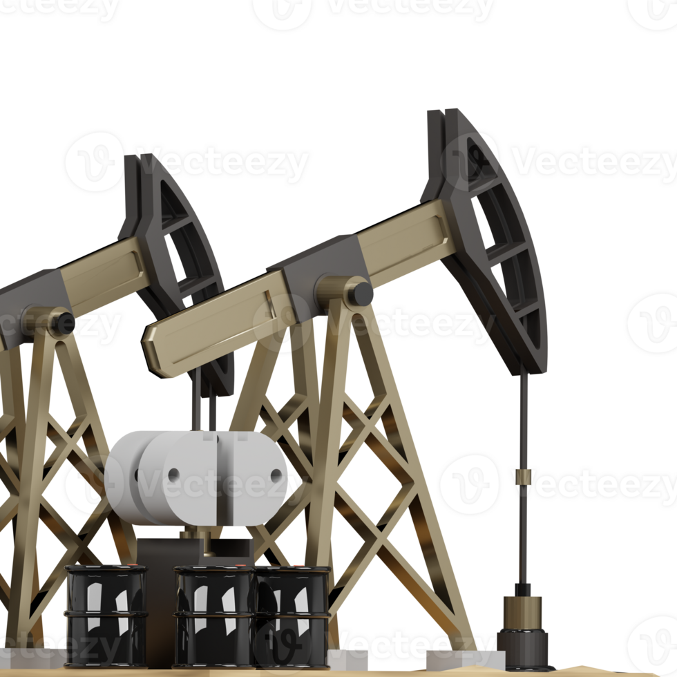 3D rendering of oil rigs extracting oil from well in developed field back view. Environmental pollution problem. Realistic PNG illustration isolated on transparent background