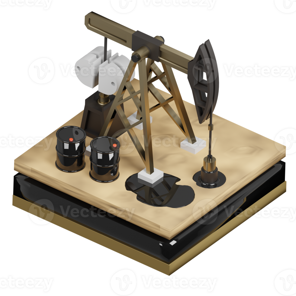 3D rendering of isometric oil rig extracting liquid oil from well in developed field top view. Environmental pollution problem. Realistic PNG illustration isolated on transparent background