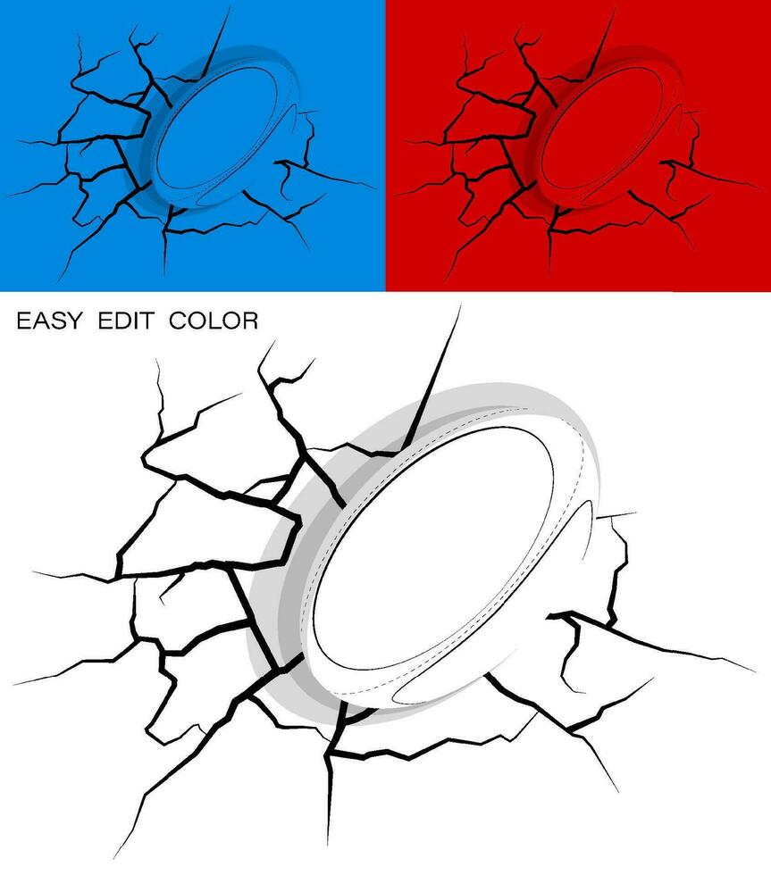 ball for rugby hit wall powerfully and damaged, cracks on wall. Sports design element. Active lifestyle. Vector on white or color background with cracks