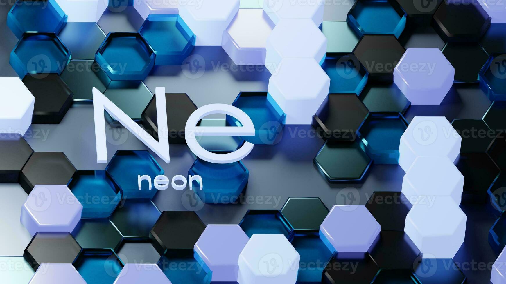 3D rendering of hexagonal glass crystal lattice of Neon gas chemical element. Industrial honeycomb material production background. Realistic blue grey illustration background photo