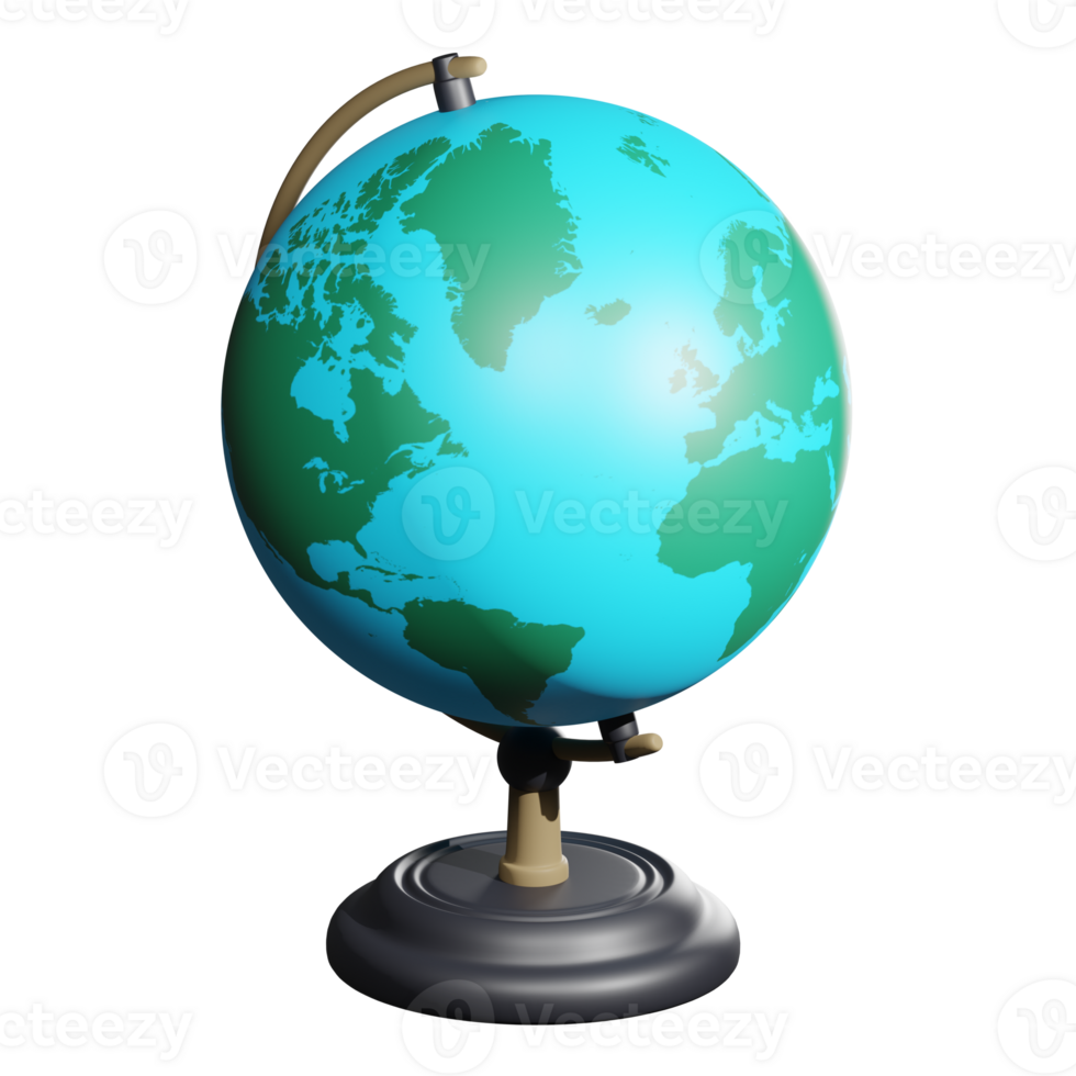 3D rendering of school globe on wooden stand. Studying geography of countries and continents at school and institution. Realistic PNG illustration isolated on transparent background