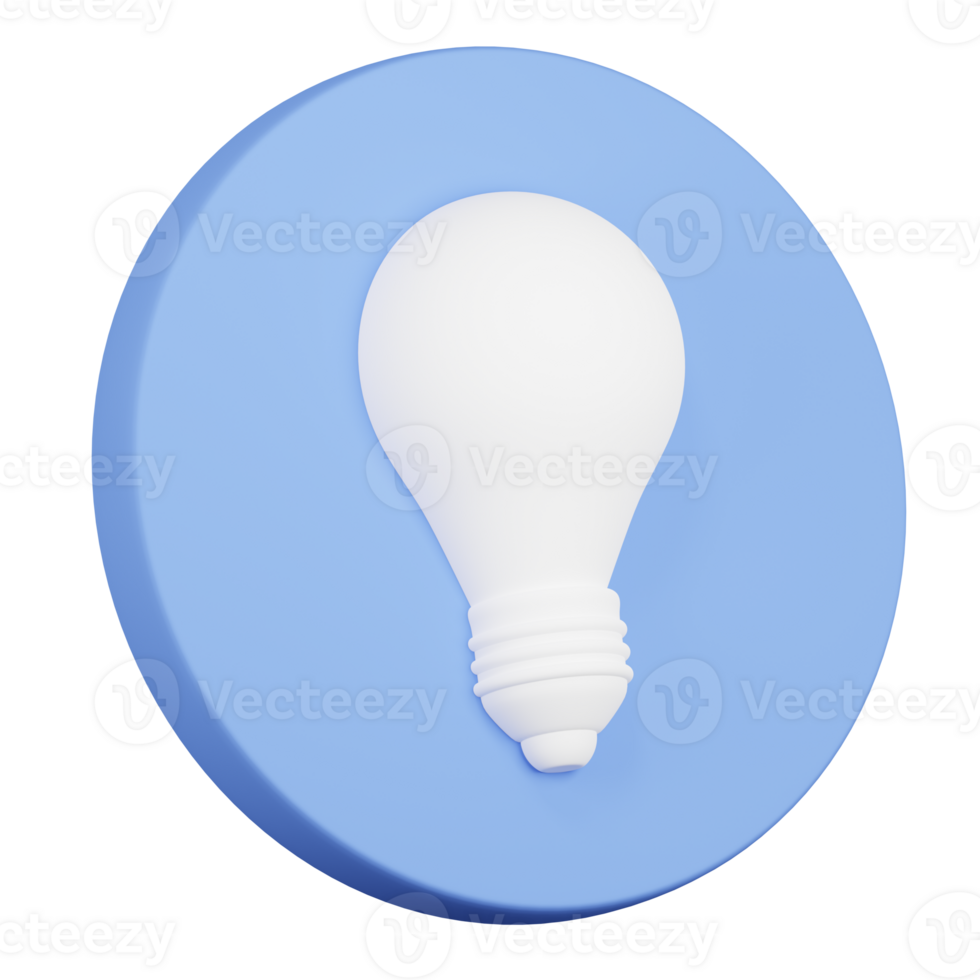3D rendering of Light bulb pear shaped circle plastic icon. Symbol of ideas, inspiration, creativity. Realistic blue white PNG illustration isolated on transparent background
