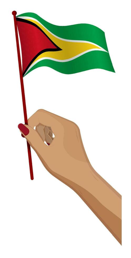 Female hand gently holds small Guyana flag. Holiday design element. Cartoon vector on white background