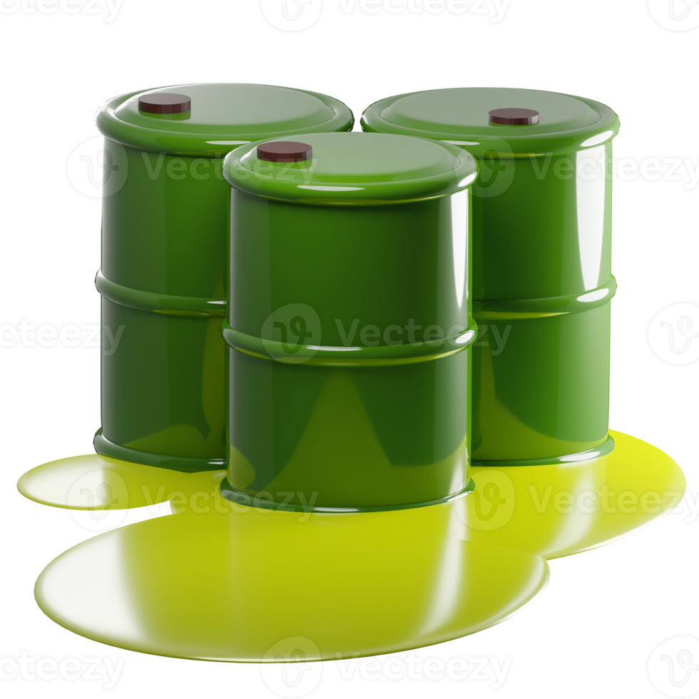 3D rendering of green metal barrels with leaking radioactive liquid. Pollution of environment with waste of chemical industry. Realistic PNG illustration isolated on transparent background