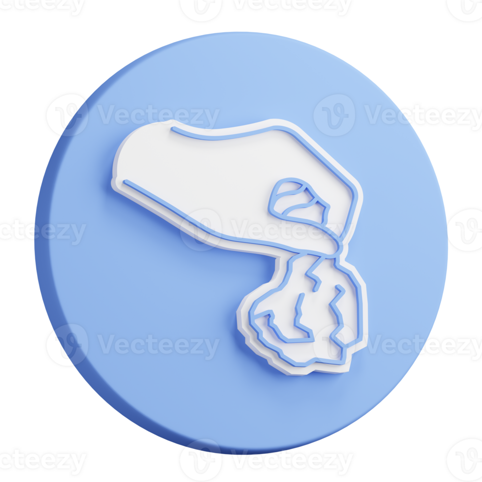 3D button rendering of Hand throws used paper napkin into trash. Disposal and recycling of household waste. Realistic blue white PNG illustration isolated on transparent background