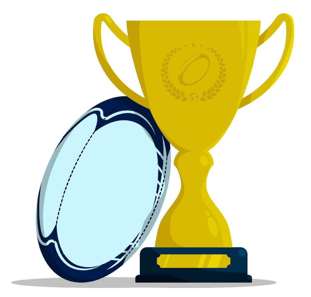 Prize sports cup with ball for participation in rugby competitions. Award trophy to winner of tournament. Vector in cartoon style