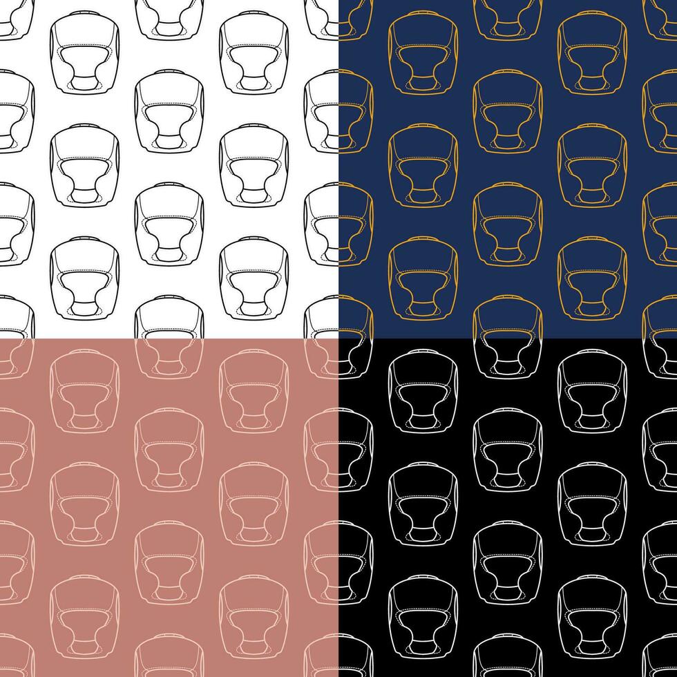 set of seamless patterns with protective boxing helmet. Protective equipment of taekwondo, karate fighter. Ornament for decoration and printing on fabric. Design element. Vector