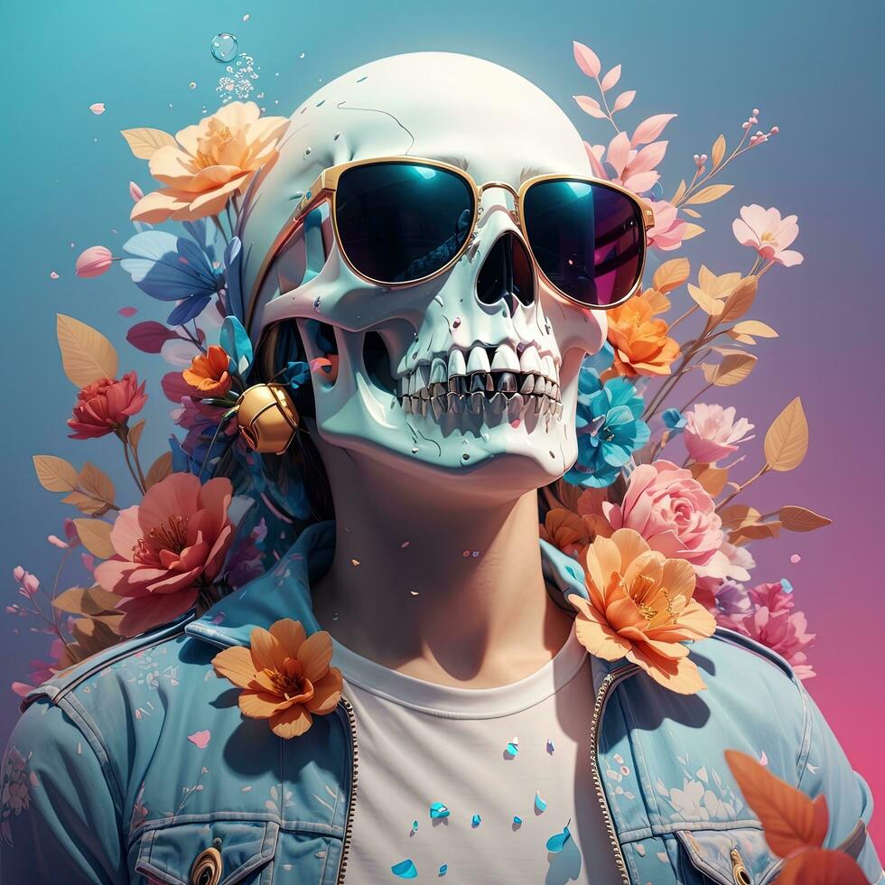 Skull woman wearing sunglasses with flowers. 3d illustration. Fashion portrait. AI Generated. photo