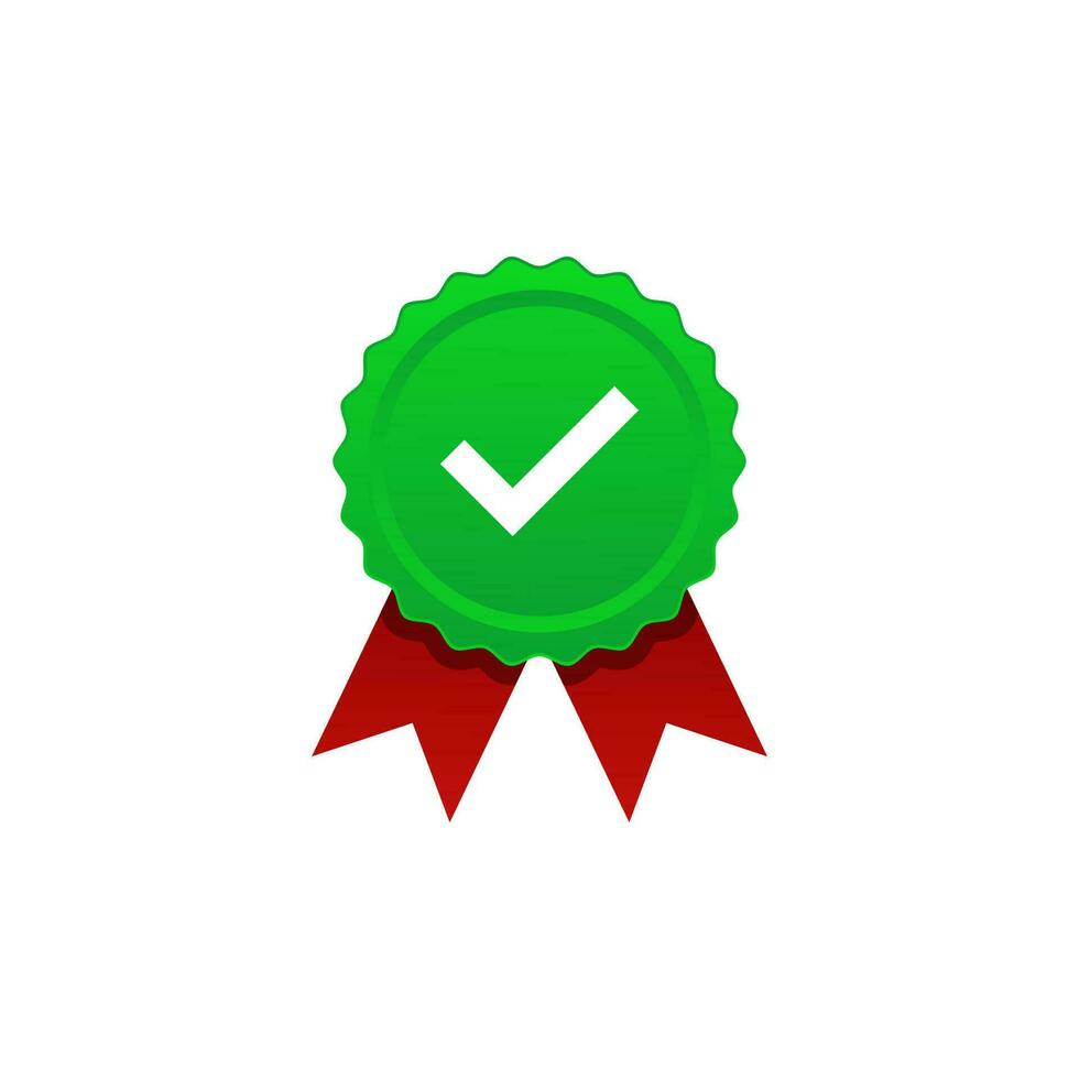 Green rosetted award medal with check mark tick label, concept of premium quality or recommended certificate icon, warranty badge, approved check mark ribbon vector