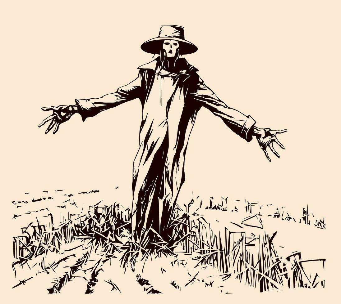 Scarecrow on the field sketch hand drawn Vector Halloween illustration