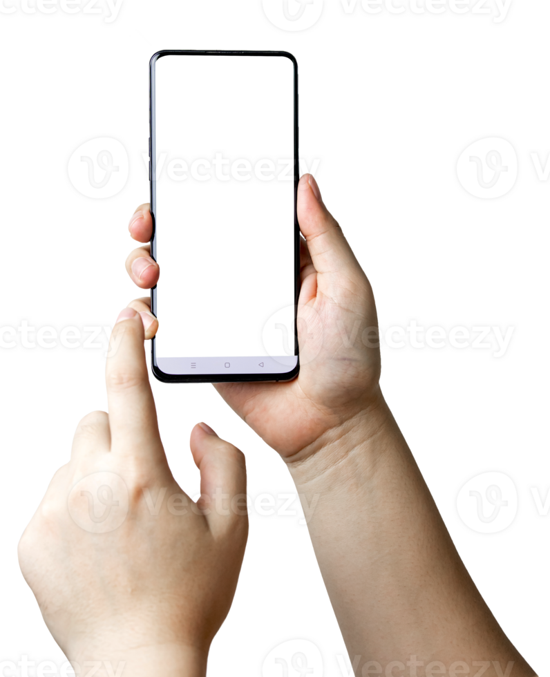 manlig händer rörande skärm mobil telefon en vertikal smartphone med tom skärm isolerat på bakgrund. med kopia Plats och design annonser eller offentlig relationer. png